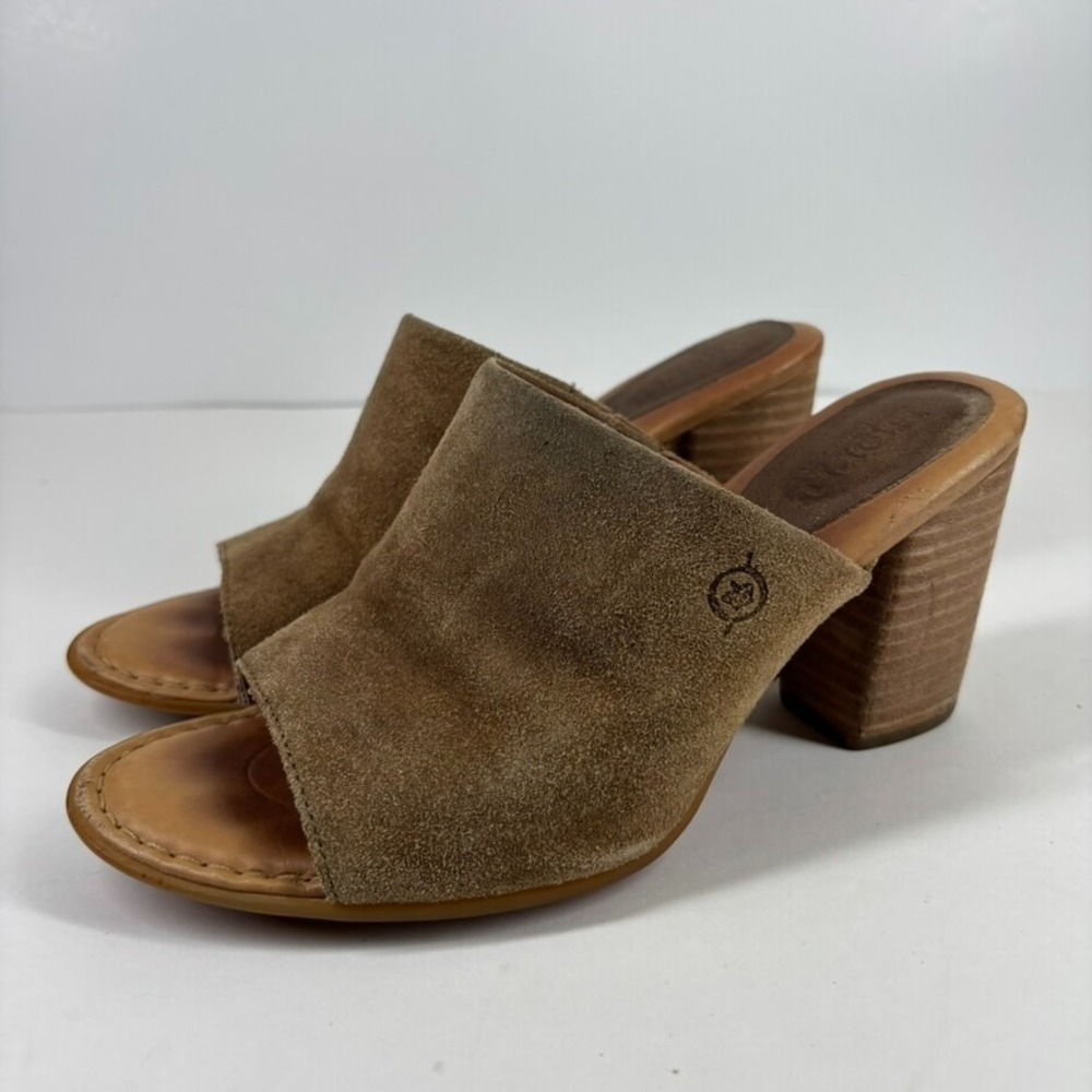 Born Women's US 7M Tan Suede Open-Toe Block Heel Mule Slide Heeled Sandal F15757